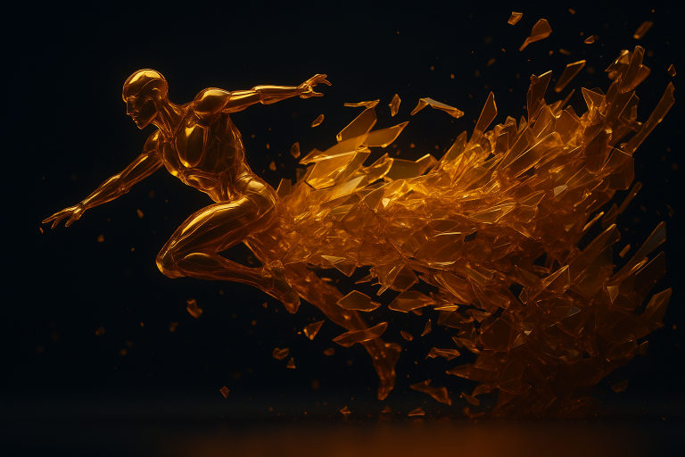 Digitale Illustration einer goldenen dynamischen Figur in Lauftempo, die aus einer Explosion goldener, scharfkantiger Knochensplitter hervorstürmt auf dunklem, kontrastreichen Hintergrund