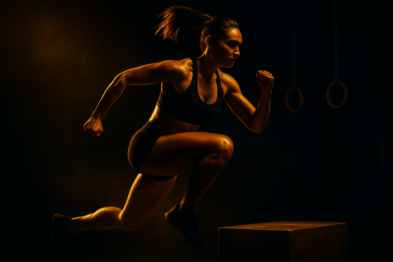 Fotorealistische Darstellung einer sportlichen Frau in dynamischer Laufbewegung, mit klar definiertem Muskulaturrelief, inszeniert in warmen Gold- und Mitternachtsblau-Tönen – Symbol für Kraft, Beweglichkeit und Lebensqualität.